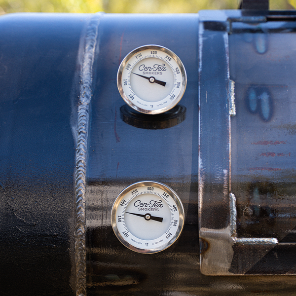 Custom Tel-Tru thermometers on a backyard smoker. 
