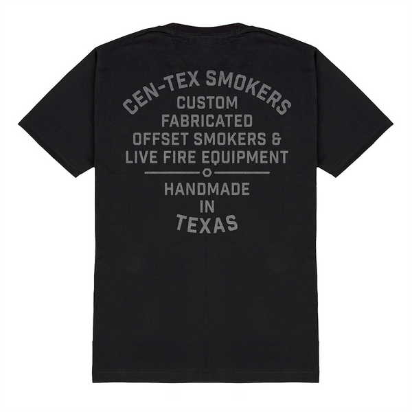 Classic black BBQ T-shirt with Cen-Tex Smokers logo, designed for Texas grilling culture and smoker lifestyle.