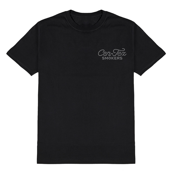 Unisex Cen-Tex Smokers black T-shirt with vintage smokehouse design, great for casual wear or barbecue festivals.