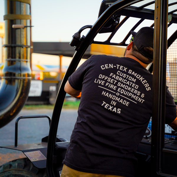 Premium cotton black tee with Cen-Tex Smokers branding, ideal apparel for barbecue enthusiasts and grill masters.